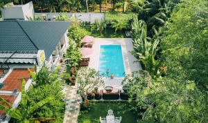 an overhead view of a swimming pool in a backyard at La villa de CoCo Bến Tre in Ben Tre