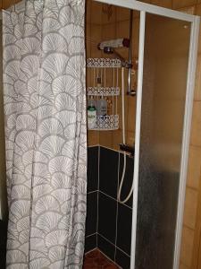 a shower with a shower curtain in a bathroom at Ristiina Apartment with Sauna in Ristiina