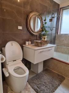 a bathroom with a toilet and a sink and a mirror at Entire 3 bed rooms unit -Rosy house 1 in Noble Park