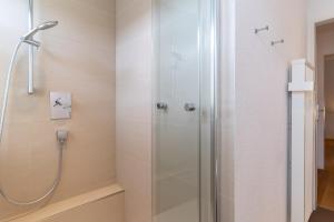 a shower with a glass door in a bathroom at Reetdachhaus Dünen Lounge in Böhl +19 photos