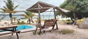 a swing with an umbrella next to a pool at Shongili Island Lodge in Vila Praia Do Bilene