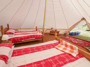 two beds in a tent with red and white sheets at Annamay in Worcester