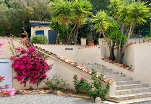 una pared de retención con escaleras y flores rosas en Chez Jean Claude la villa des amis en Olmeto