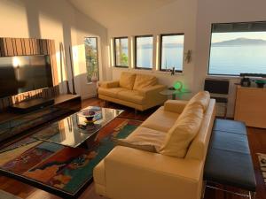 ein Wohnzimmer mit einem Sofa und einem TV in der Unterkunft Spectacular SF Bay Front House with Dramatic Views in Richmond