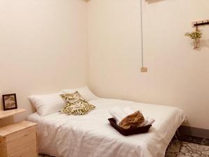 Starry Sky Hostel في تشيتشينج: غرفة نوم صغيرة مع سرير مع ملاءات ووسائد بيضاء