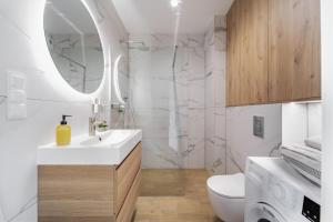 a bathroom with a sink and a toilet and a mirror at Apartament Kameralis Old Town - klimatyzacja - balkon - winda in Elblag +38 photos