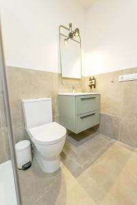 uma casa de banho com um WC, um lavatório e um espelho. em Moott Homes Suites Casa de los Leones APTO 1 em Almeria