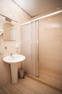 La salle de bains est pourvue d'un lavabo et d'une douche. dans l'établissement Hotel Irise, à Kobuleti