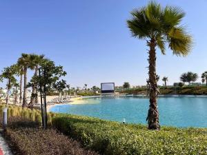 - une piscine avec un panier de basket et des palmiers dans l'établissement brand new villa, à Dubaï