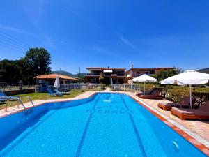 a pool with chairs and umbrellas next to a house at House Michalis in Sarti