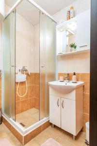 a bathroom with a shower and a sink at Apartment and Holiday Home Mladenka in Pula