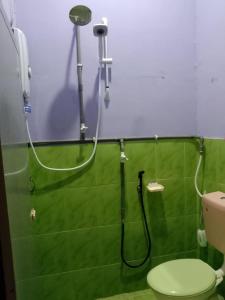 baño verde con ducha y aseo en Homestay D'Hiburan Kuala Rompin, en Kuala Rompin