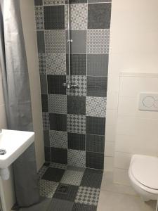 a bathroom with a shower with a toilet and a sink at Ethic étapes le Cart in Sommières