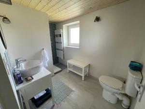 Un baño con lavabo, inodoro y ventana. en Studio cosy en pleine campagne, en Messimy
