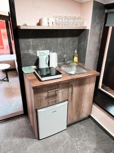 una pequeña cocina con fregadero y encimera en KK Apartment Bajša 