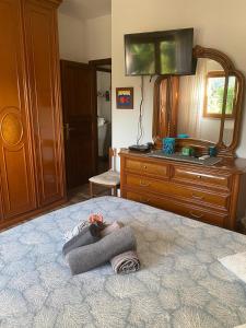 een slaapkamer met een bed met spiegel en een ladekast bij Casa Vittoria in Palau