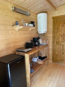 eine Küche mit einer Theke und einem Kühlschrank in einer Hütte in der Unterkunft Dagö Berry suvemaja in Hiiumaa