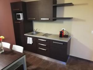 uma cozinha com armários castanhos, um lavatório e uma mesa em Eco-Residence em Casale Monferrato