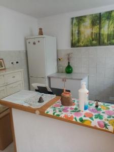 a kitchen with a counter with a table with a bottle on it at Rooms Serafin-Lavanda in Motovun