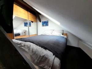 a bedroom with a bed with a large mirror at Reload Apartment in Miskolc