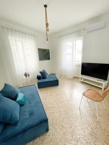 a living room with a blue couch and a flat screen tv at Donna Elena House in Maiori
