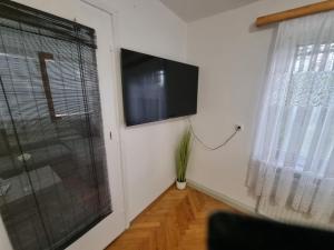 a living room with a flat screen tv and a window at Pension DonauBlick Grein 1 , Spitzfeldstr 1 in Grein
