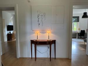 a table with two lamps on it in a living room at The Classy Sassy in Ljubljana