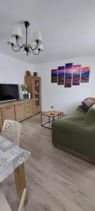 a living room with a green bed and a table at Appartamenti Sasso Rosso in Commezzadura