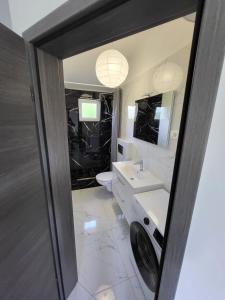 ein Badezimmer mit einem Waschbecken, einem WC und einem Spiegel in der Unterkunft Lana in Bibinje