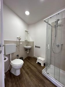uma casa de banho com um WC e um chuveiro em hotel La pineta em Carrara