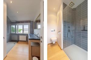La salle de bains est pourvue d'un lavabo, d'une douche et de toilettes. dans l'établissement Premium Holidays - Villa Les Cigognes at Sint Idesbald, à Coxyde