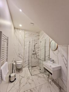 ユルバルカスにあるEditos apartamentaiのバスルーム(シャワー、洗面台、トイレ付)
