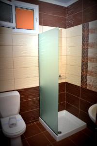 a bathroom with a toilet and a glass shower at Denis Hotel and Bungalows in Korinós