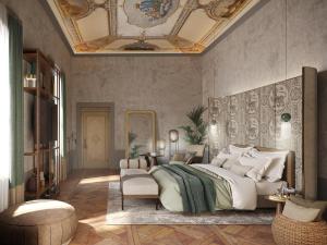 a bedroom with a large bed and a gold ceiling at Borgo Dei Conti Resort Relais & Chateaux in Monte Petriolo