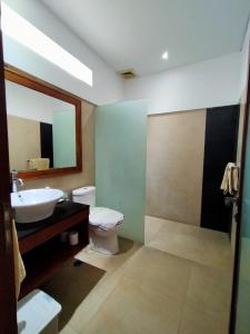 a bathroom with a sink and a toilet and a mirror at Balcony Living Apartment in Seminyak