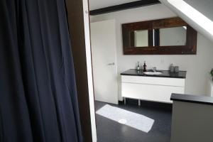 a bathroom with a sink and a mirror at Penthouselejlighed midt i Vejle in Vejle +31 photos