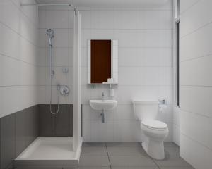 een badkamer met een toilet, een wastafel en een douche bij Antares Apartments in Düsseldorf