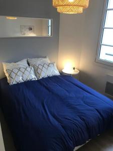 a blue bed with pillows in a bedroom at Bel appartement 6p Tours Centre in Tours