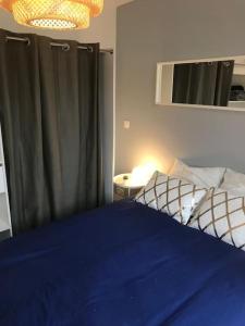 a bedroom with a bed with blue sheets and a window at Bel appartement 6p Tours Centre in Tours