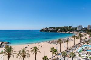 a view of a beach with palm trees and the ocean at INNSiDE by Meliá Wave Calviá in Magaluf