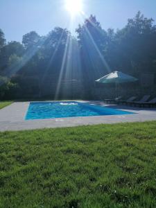 a pool with an umbrella next to a grass field at Quinta Vale do Nox in Serrazes