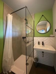 a bathroom with a shower and a sink and a mirror at Gästehaus & Café Leeze in Bad Dürkheim +69 photos