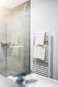 ein Bad mit einer Dusche und einer Glasduschkabine in der Unterkunft Nena Apartments Bochum City in Bochum
