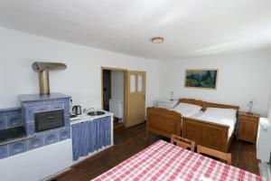 een keuken met een fornuis en een bed in een kamer bij Penzion Mauritz in Nová Pec