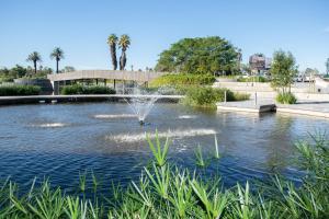 a fountain in a pond in a park at 101 Bridgewater Apartment in Cape Town