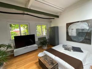 a bedroom with a large bed and a flat screen tv at Loft63 am Bodensee in Arbon