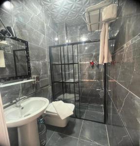 a bathroom with a shower and a sink and a toilet at Old City Family Hotel in Istanbul