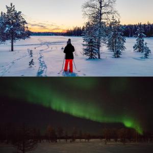 deux photos d'une personne à ski dans la neige dans l'établissement RUKA Skilodge Ihtinki, two bedrooms (Free Wi-Fi), à Ruka