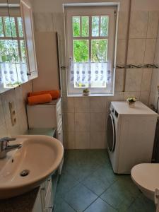 ein Badezimmer mit einem Waschbecken und einer Waschmaschine in der Unterkunft Ferienwohnung T24 in Graal-Müritz
