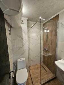 a bathroom with a shower and a toilet and a sink at Horizont Apartment Sozopol in Sozopol